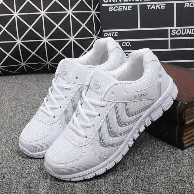 Koovan Women Net Sports Shoes New Breathable Couple Boys Girls Lightweight Casual Women's Shoes White