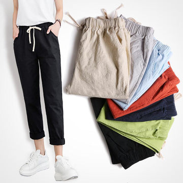 Brand Chic Loose Cotton Linen Pants Women Soft Harem Pants Breathable Slim Ankle Length Pants Korean Leisure Hallen Pants Black