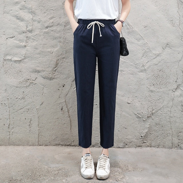Brand Chic Loose Cotton Linen Pants Women Soft Harem Pants Breathable Slim Ankle Length Pants Korean Leisure Hallen Pants Black