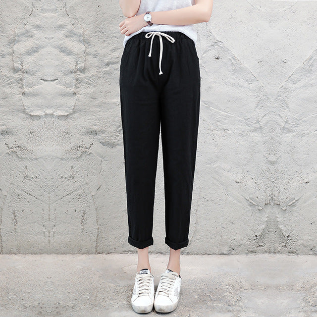 Brand Chic Loose Cotton Linen Pants Women Soft Harem Pants Breathable Slim Ankle Length Pants Korean Leisure Hallen Pants Black