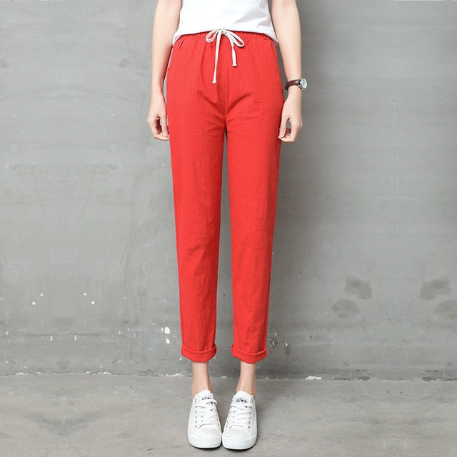 Brand Chic Loose Cotton Linen Pants Women Soft Harem Pants Breathable Slim Ankle Length Pants Korean Leisure Hallen Pants Black