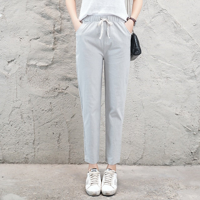 Brand Chic Loose Cotton Linen Pants Women Soft Harem Pants Breathable Slim Ankle Length Pants Korean Leisure Hallen Pants Black