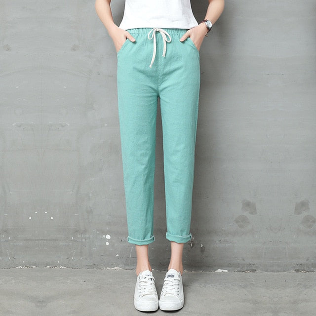 Brand Chic Loose Cotton Linen Pants Women Soft Harem Pants Breathable Slim Ankle Length Pants Korean Leisure Hallen Pants Black