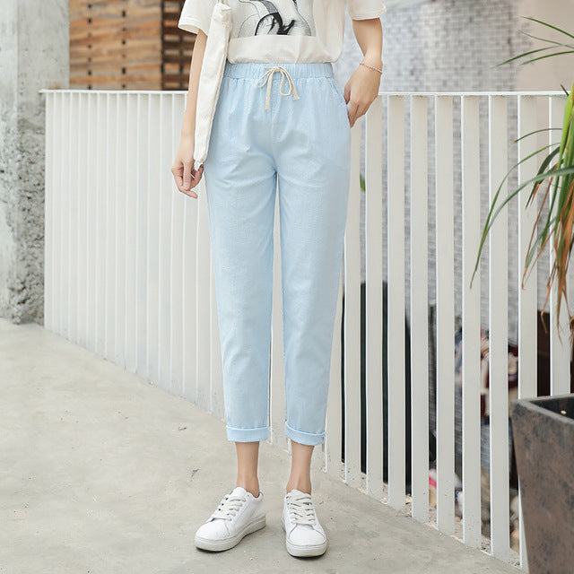Brand Chic Loose Cotton Linen Pants Women Soft Harem Pants Breathable Slim Ankle Length Pants Korean Leisure Hallen Pants Black