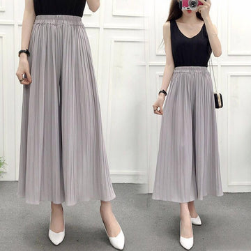 Women Chiffon Loose Pants High Waist Ruffled Hem Thin Pleated Trumpet Casual Trousers IK88