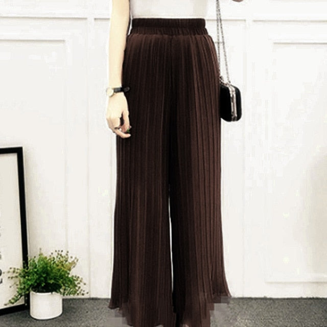Women Chiffon Loose Pants High Waist Ruffled Hem Thin Pleated Trumpet Casual Trousers IK88