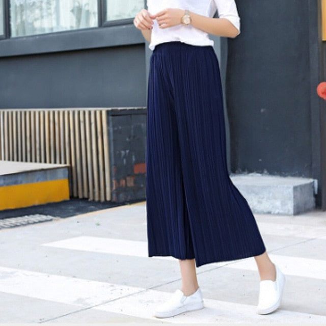 Women Chiffon Loose Pants High Waist Ruffled Hem Thin Pleated Trumpet Casual Trousers IK88