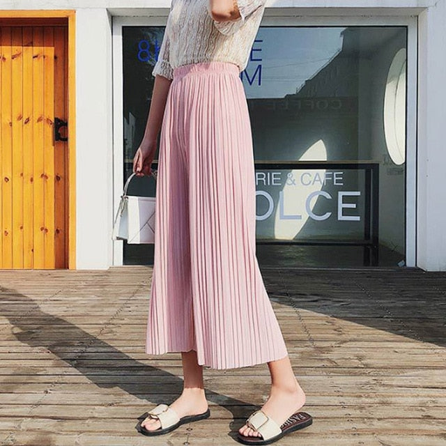Women Chiffon Loose Pants High Waist Ruffled Hem Thin Pleated Trumpet Casual Trousers IK88