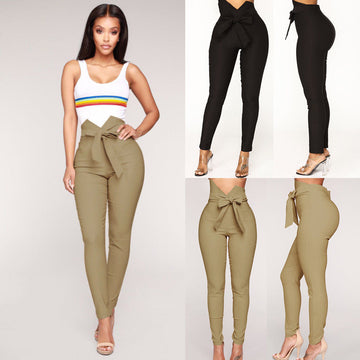Womens Skinny Slim Stretchy Bandage Bowknot Pants Jeggings Pencil Trousers Casual Solid Drawstring High Waist Skinny Trousers