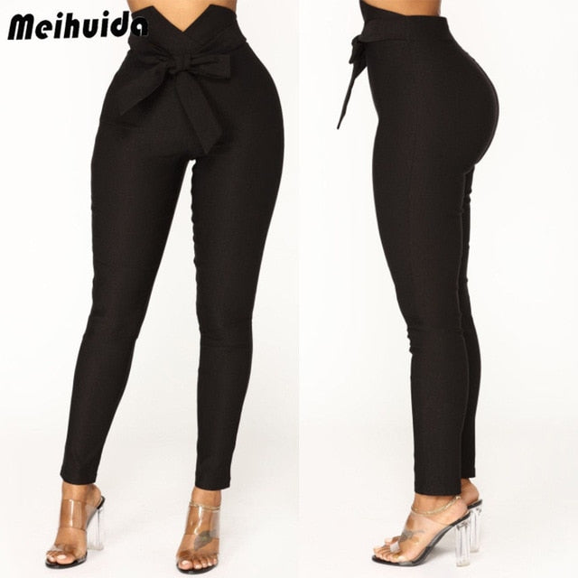 Womens Skinny Slim Stretchy Bandage Bowknot Pants Jeggings Pencil Trousers Casual Solid Drawstring High Waist Skinny Trousers