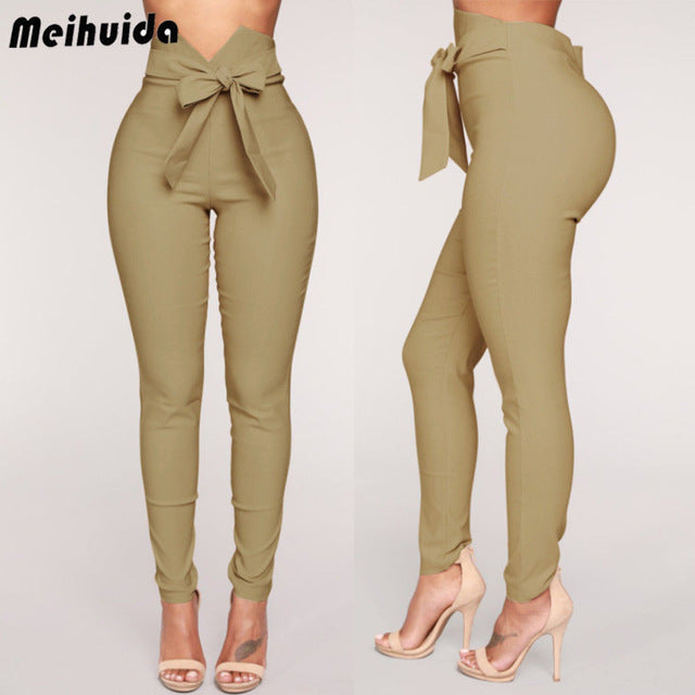 Womens Skinny Slim Stretchy Bandage Bowknot Pants Jeggings Pencil Trousers Casual Solid Drawstring High Waist Skinny Trousers